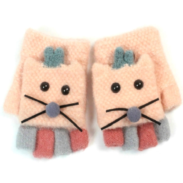 Children Cartoon Cat Imitation Cashmere Warm Flip Half Finger Gloves, Size:2-6 Years Old(Pink)