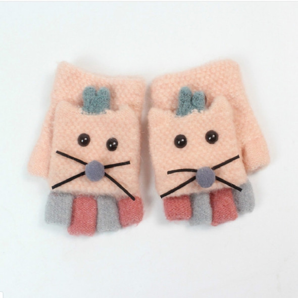 Children Cartoon Cat Imitation Cashmere Warm Flip Half Finger Gloves, Size:2-6 Years Old(Pink)