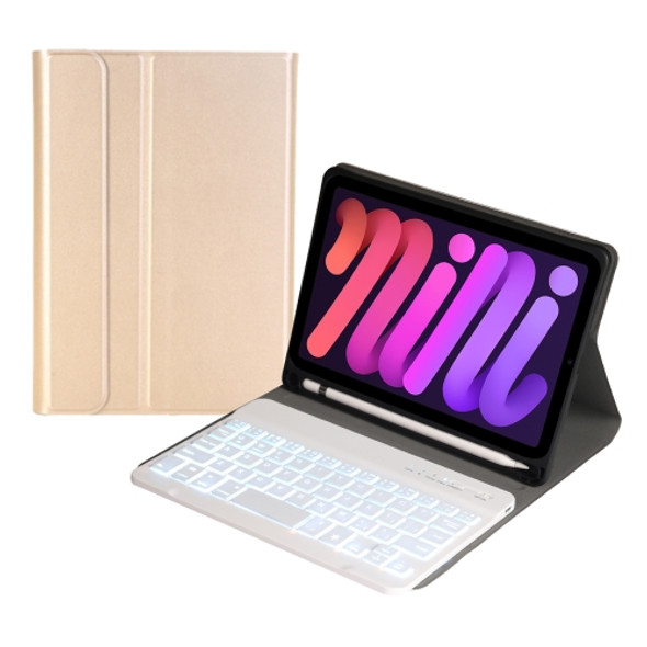 A06BS Ultra-thin Backlight Bluetooth Keyboard Leather Case with Holder & Pen Slot For iPad mini 6(Gold)