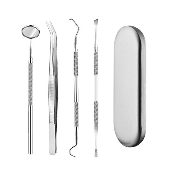 5 in 1 Dental Tool Set (Stainless Steel Probe + Hoe-shaped Dentist + Sickle Dentist + Dental Tweezers + Mouth Mirror)