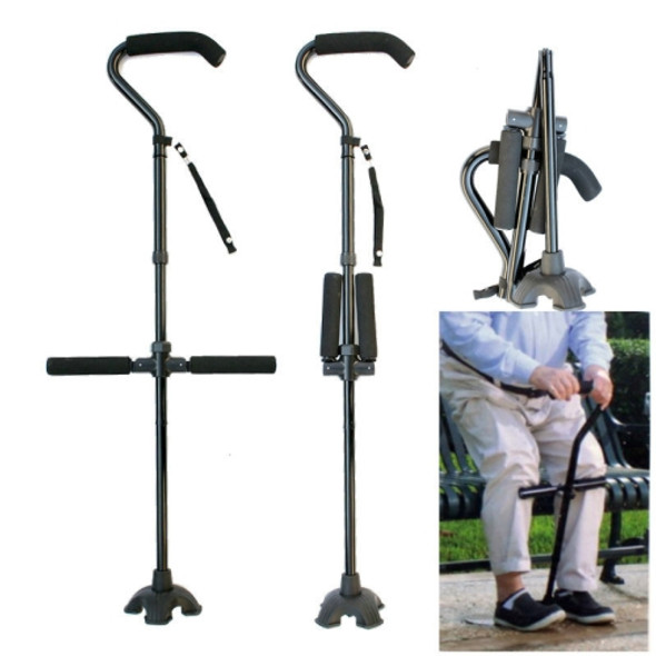 Multifunctional Aluminum Alloy Folding Telescopic Crutches With Large Curved Handles For The Elderly To Assist Four-Legged Walking Sticks, Length: 87-97cm(Black)