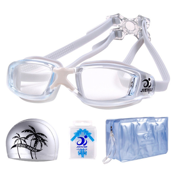 JIEHU 8008 4 in 1 HD Anti-fog Waterproof Transparent Big Frame Swimming Goggles Swimming Cap Set(Transparent Gray)
