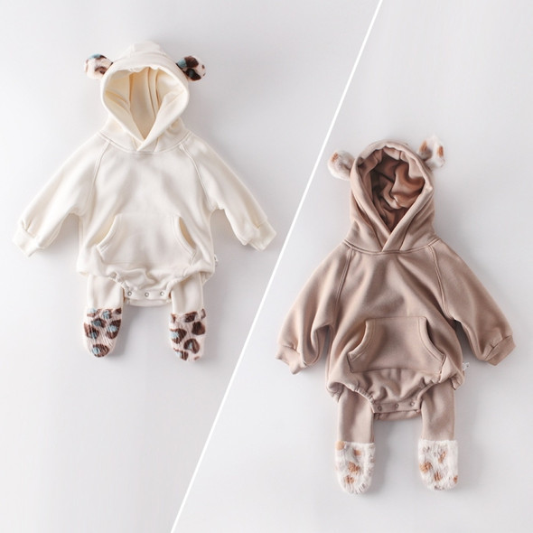 Newborn Clothes Plus Fleece Hooded Romper Romper (Color:Beige Size:80)