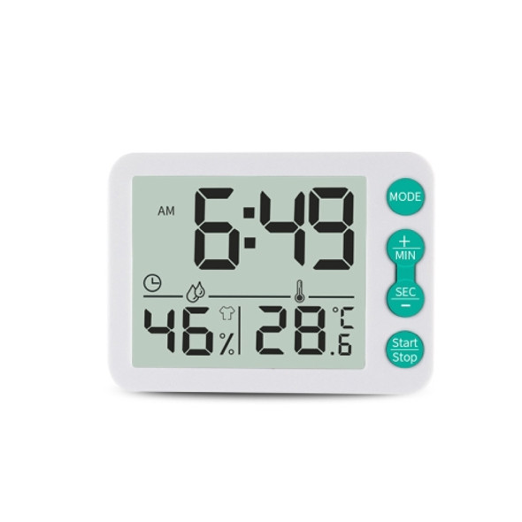 Multifunctional Indoor Thermometer And Hygrometer Large Screen Alarm Clock Kitchen Electronic Countdown Timer(White Shell Green Button)