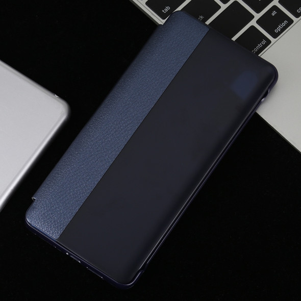 Litchi Texture PC + PU Horizontal Flip Case for Huawei P30 Pro, with Touch Call Display ID&Sleep/Wake-up Function (Blue)