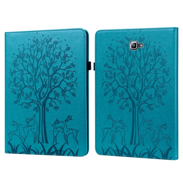 For Samsung Galaxy Tab A 10.1 2016 Tree & Deer Pattern Pressed Printing Horizontal Flip PU Leather Case with Holder & Card Slots(Blue)