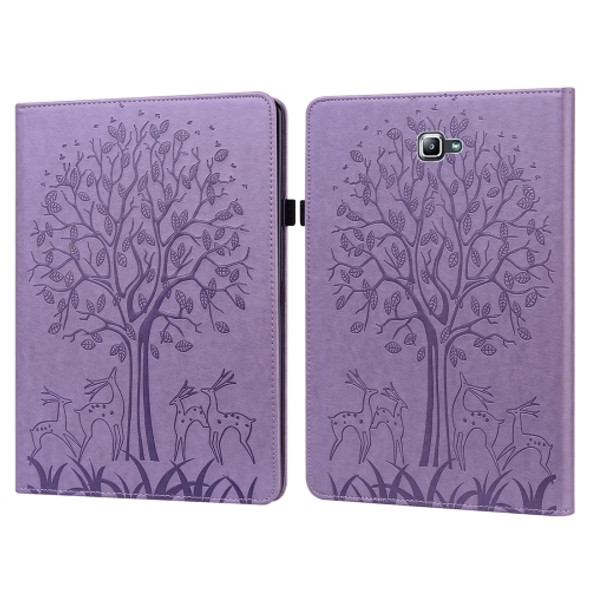 For Samsung Galaxy Tab A 10.1 2016 Tree & Deer Pattern Pressed Printing Horizontal Flip PU Leather Case with Holder & Card Slots(Purple)
