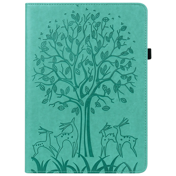 For Samsung Galaxy Tab A 10.1 2019 Tree & Deer Pattern Pressed Printing Horizontal Flip PU Leather Case with Holder & Card Slots(Green)