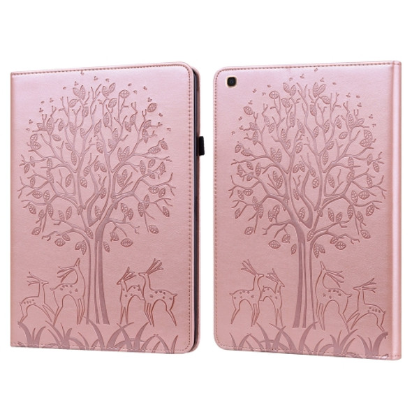 For Samsung Galaxy Tab A 10.1 2019 Tree & Deer Pattern Pressed Printing Horizontal Flip PU Leather Case with Holder & Card Slots(Pink)