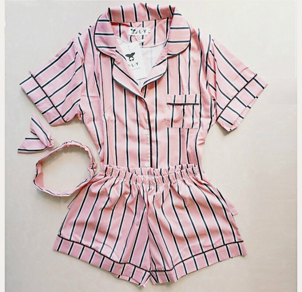 Women Pajamas Turn-down Collar 2 Two Piece Set Shirt+Shorts Striped Casual Pajama Sets, Size:M(Pink)