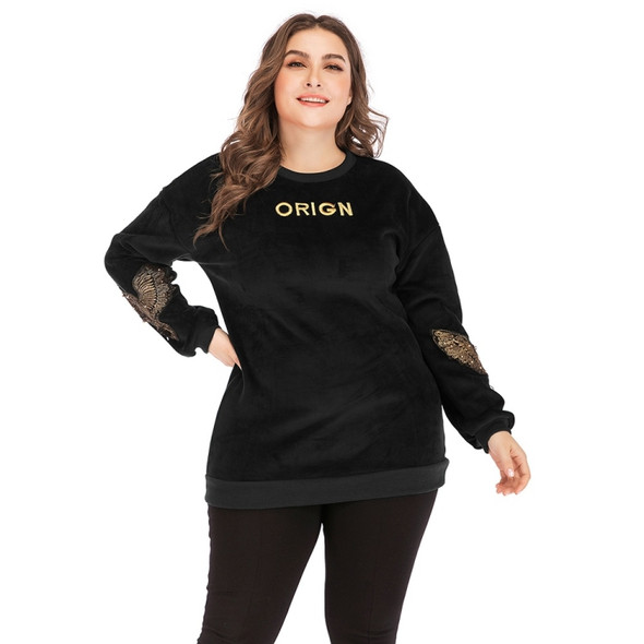 Plus Size Women Embroidered Round Neck Long Sleeve Pullover (Color:Black Size:XL)