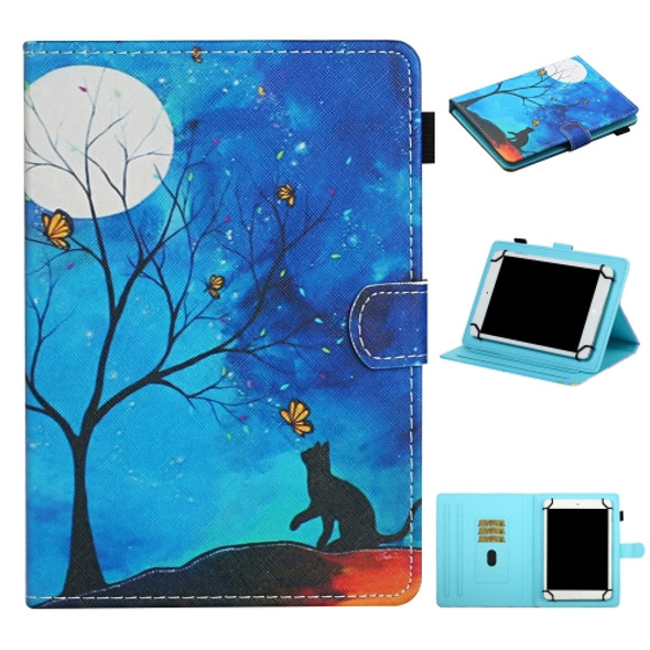 For 10 inch Universal Tablet PC Colored Drawing Pattern Horizontal Flip Leather Case with Holder & Card Slots(Moonlight Cat)