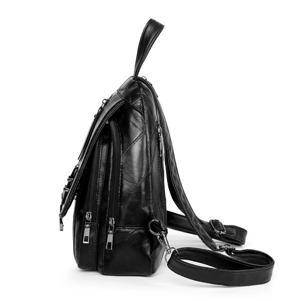 PU Leather Double Shoulders School Bag Travel Backpack Bag (Color:Black2 Size:OneSize)