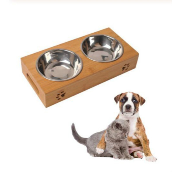 Cat Dog Pet Stainless Steel Feeding and Drinking Bowls Combination With Bamboo Frame, Size:L