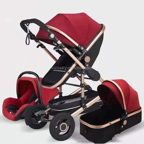 High Landscape Can Sit and Lie Four-wheel Shockproof Folding Newborn Stroller(Wine Red)