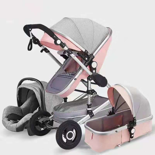 High Landscape Can Sit and Lie Four-wheel Shockproof Folding Newborn Stroller(Gray Pink)