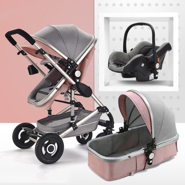 High Landscape Can Sit and Lie Four-wheel Shockproof Folding Newborn Stroller(Gray Pink)