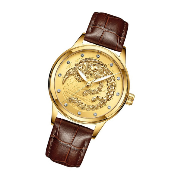 FNGEEN S666 Waterproof Luminous Non-Mechanical Watch Quartz Ultra-Thin Dragon Or Phoenix Pattern Couple Watch((Phoenix) Brown Leather All Gold )
