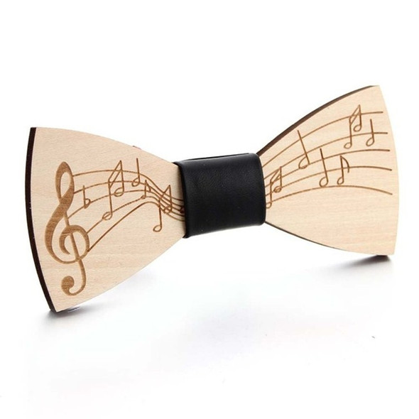 Men Musical Note Pattern Wooden Bow-knot Bow Tie(Leather Grid Black)