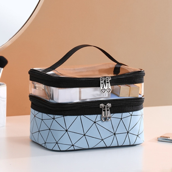 Transparent Diamond Double-Layer Cosmetic Bag Portable Travel Storage Multi-Function Bag(Sky Blue)