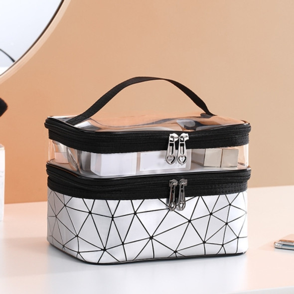 Transparent Diamond Double-Layer Cosmetic Bag Portable Travel Storage Multi-Function Bag(Silver White)