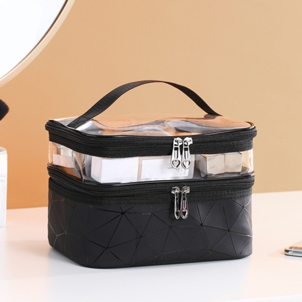 Transparent Diamond Double-Layer Cosmetic Bag Portable Travel Storage Multi-Function Bag(Black)