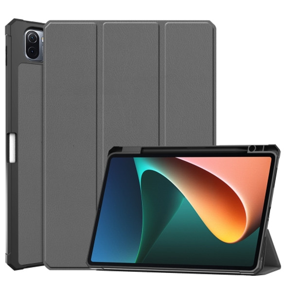 For Xiaomi Pad 5 Custer Pattern Pure Color TPU Smart Tablet Holster with Sleep Function & 3-Fold Holder & Pen Slot(Grey)
