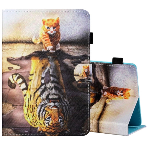 For 10 inch Tablet PC Universal Sewing Thread Horizontal Painted Flat Leather Case with Pen Cover & Anti Skid Strip & Card Slot & Holder(Cat And Tiger)