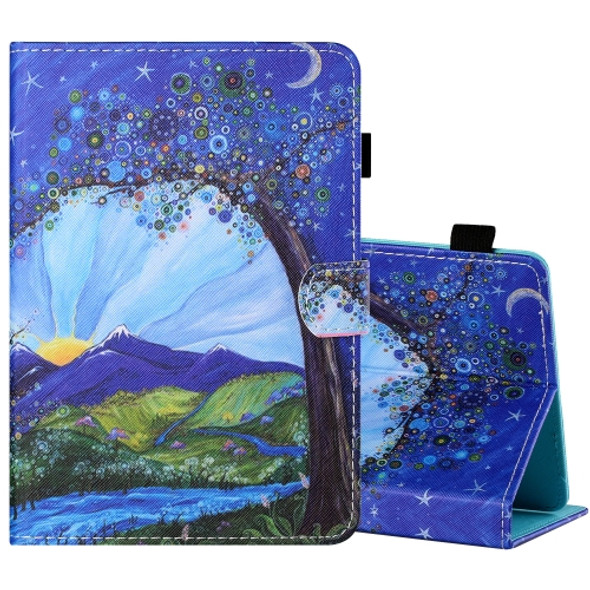 For 8 inch Tablet PC Universal Sewing Thread Horizontal Painted Flat Leather Case with Pen Cover & Anti Skid Strip & Card Slot & Holder(Sunrise With Tree)