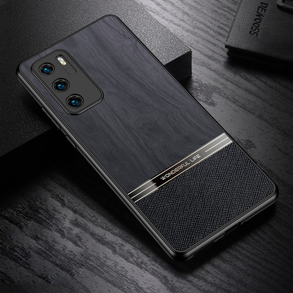 For Huawei P40 Shang Rui Wood Grain Skin PU + TPU Shockproof Case(Black)