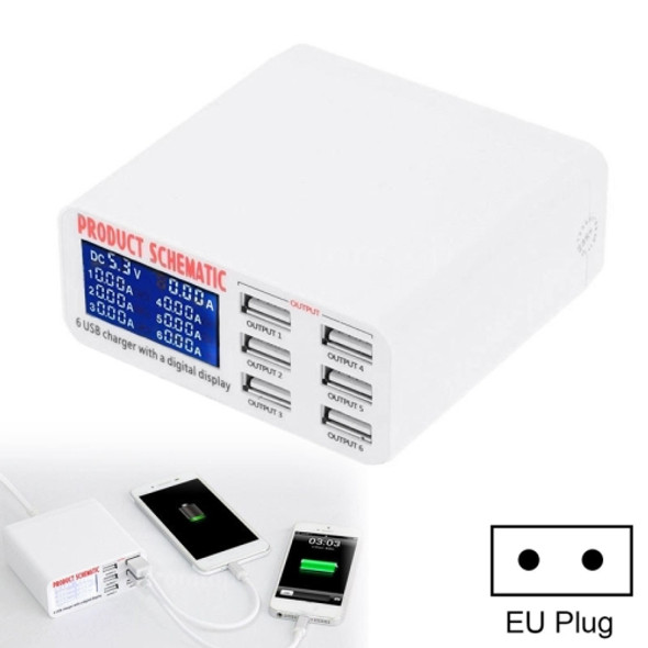 899 30W QC 3.0 6 USB Ports Fast Charger with LCD Digital Display, EU Plug