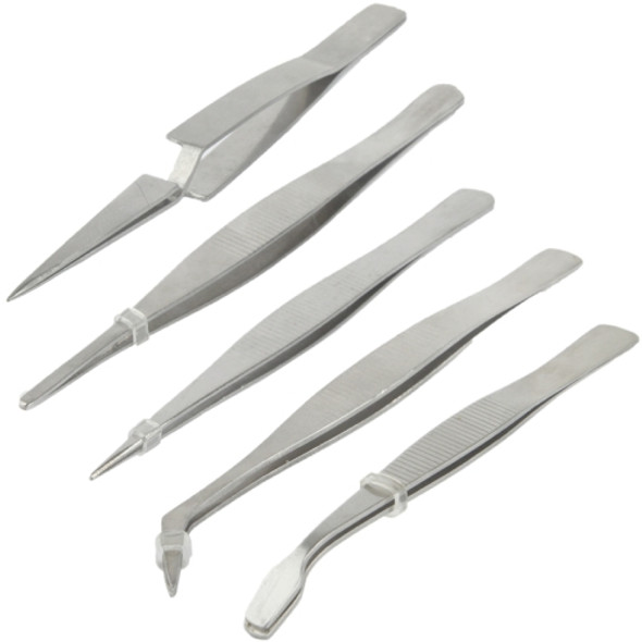 High-precision Electronic Stainless Steel Elbow & Straight Tweezers, include 5 kind of Tweezers(Silver)