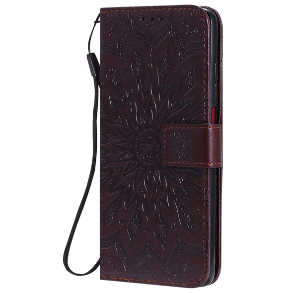 For Xiaomi Redmi K30 Pressed Printing Sunflower Pattern Horizontal Flip PU Leather Case with Holder & Card Slots & Wallet & Lanyard(Brown)