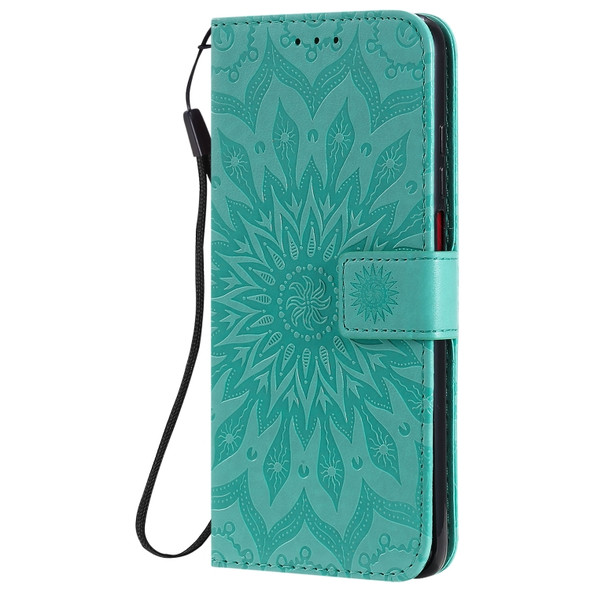 For Xiaomi Redmi K30 Pressed Printing Sunflower Pattern Horizontal Flip PU Leather Case with Holder & Card Slots & Wallet & Lanyard(Green)