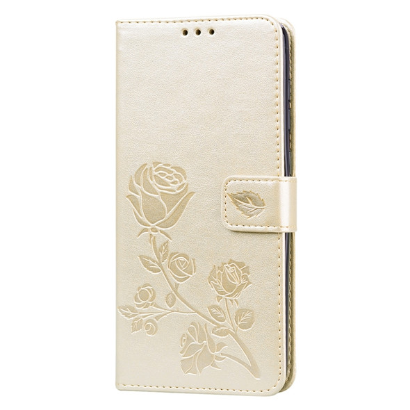 For Samsung Galaxy A21s Rose Embossed Horizontal Flip PU Leather Case with Holder & Card Slots & Wallet(Gold)