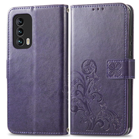 For Meizu 18 Four-leaf Clasp Embossed Buckle Mobile Phone Protection Leather Case with Lanyard & Card Slot & Wallet & Bracket Function(Purple)