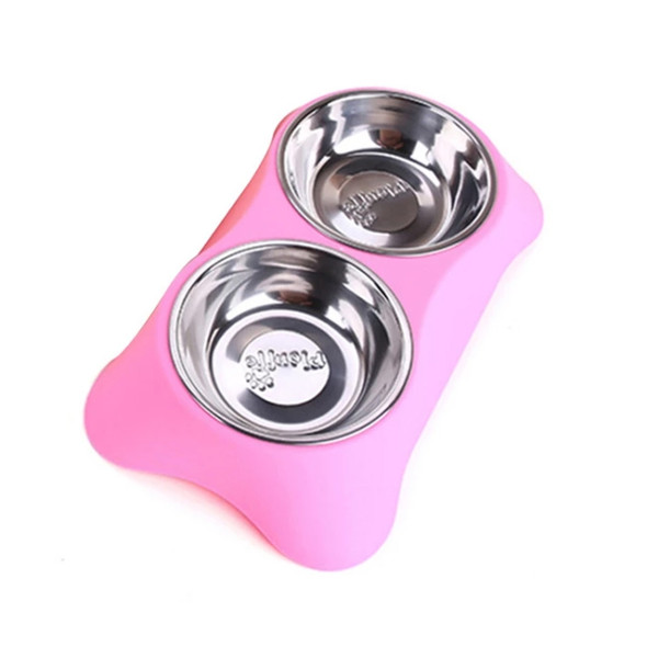 40286 Stainless Steel Non-slip Dual-use Pet Dog Bowl Cat Food Bowl Double Bowl, Size:S(Pink)