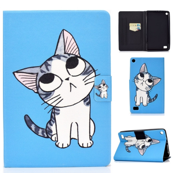 For Amazon Kindle Fire 7 (2015) / (2017) / (2019) Voltage Painted Pattern Tablet PC Protective Leather Case with Bracket & Card Slots & Anti-skid Strip(Blue Cat)