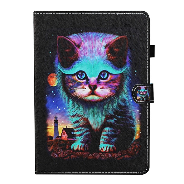 For Kindle Fire HD8 2015 / 2016 / 2018 Colored Drawing Stitching Horizontal Flip Leather Case with Holder & Card Slots & Sleep / Wake-up Function(Night Cat)