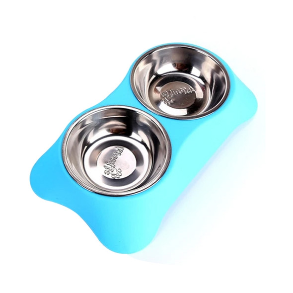 40286 Stainless Steel Non-slip Dual-use Pet Dog Bowl Cat Food Bowl Double Bowl, Size:L(Blue)