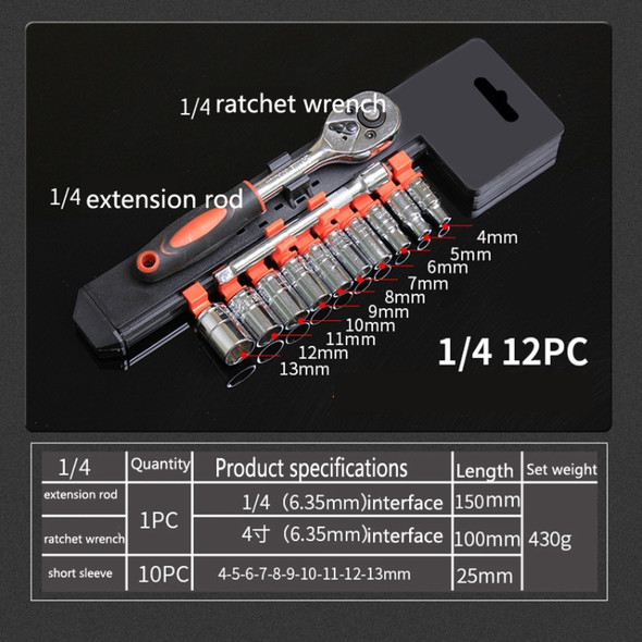 CY-0028 12 PCS/Set Auto Repair Tool Ratchet Quick Socket Wrench Hardware Box Combination, Model: 1/4 Small Fly