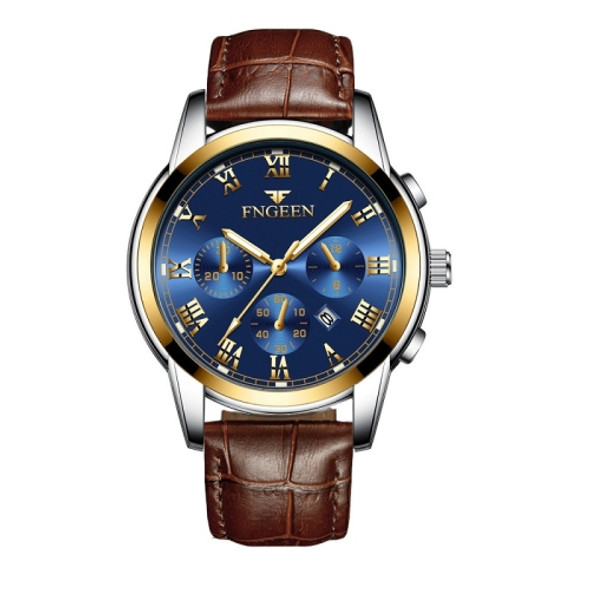 FNGEEN 4006 Men Automatic Mechanical Watch Waterproof Quartz Watch(Brown Leather Gold Blue Surface)