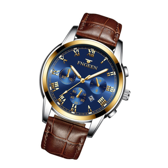 FNGEEN 4006 Men Automatic Mechanical Watch Waterproof Quartz Watch(Brown Leather Gold Blue Surface)