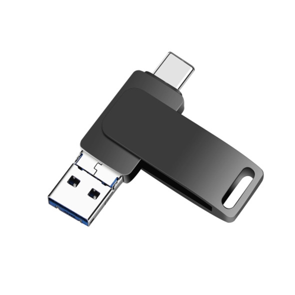 128GB USB 3.0 + 8 Pin + USB-C / Type-C 3 in 1 Phone Computer Metal Rotatable U-Disk(Black)