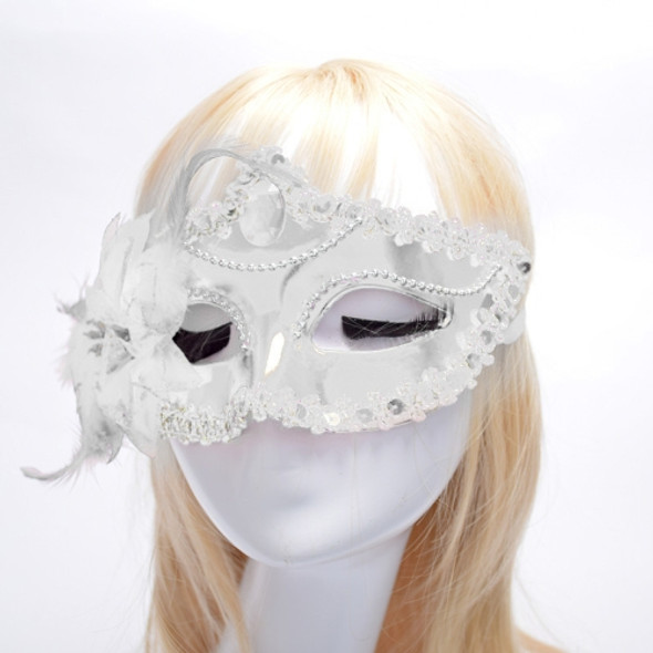 Halloween Masquerade Party Dance Plating Side Flower Feather Venice Princess Mask (White)