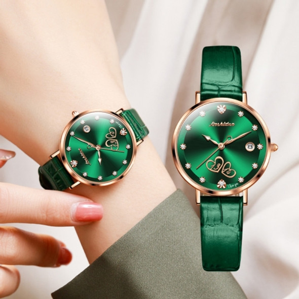 JIN SHI DUN 8825 Love Heart Digital Pattern Round Diamond Dial Quartz Couple Watch(Vintage Green)