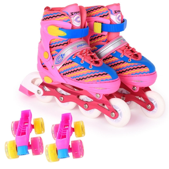 Children Full-flash White Double-row Roller Skates Skating Shoes, Straight Row+Double Row Wheel, Size : S(Pink)