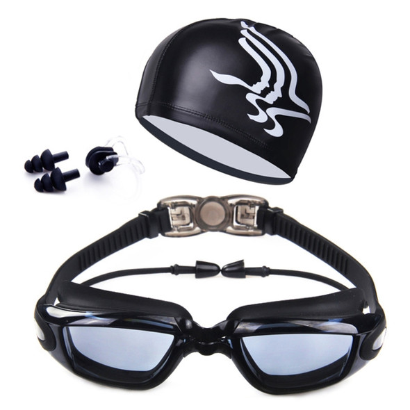 High-definition Waterproof Fogproof Swimming Goggles with Swimming Cap (Black)
