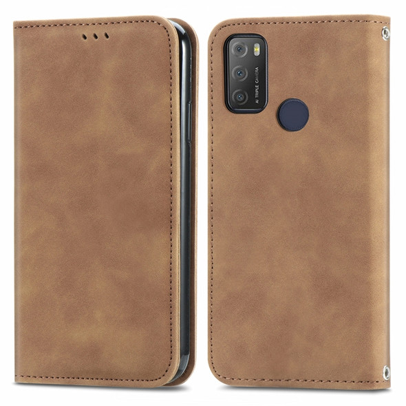 For Alcatel 1S 2021 Retro Skin Feel Business Magnetic Horizontal Flip Leather Case with Holder & Card Slots & Wallet & Photo Frame(Brwon)