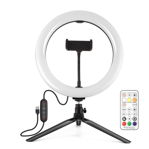 PULUZ 10.2 inch 26cm Marquee LED RGBWW Selfie Beauty Light + Desktop Tripod Mount 168 LED Dual-color Temperature Dimmable Ring Vlogging Photography Video Lights with Cold Shoe Tripod Ball Head & Remote Control & Phone Clamp(Black)